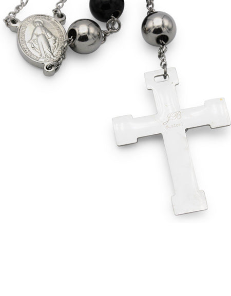 Traditional Rosary Necklace Five Decade Silver Black Catholic Prayer Beads 10 mm