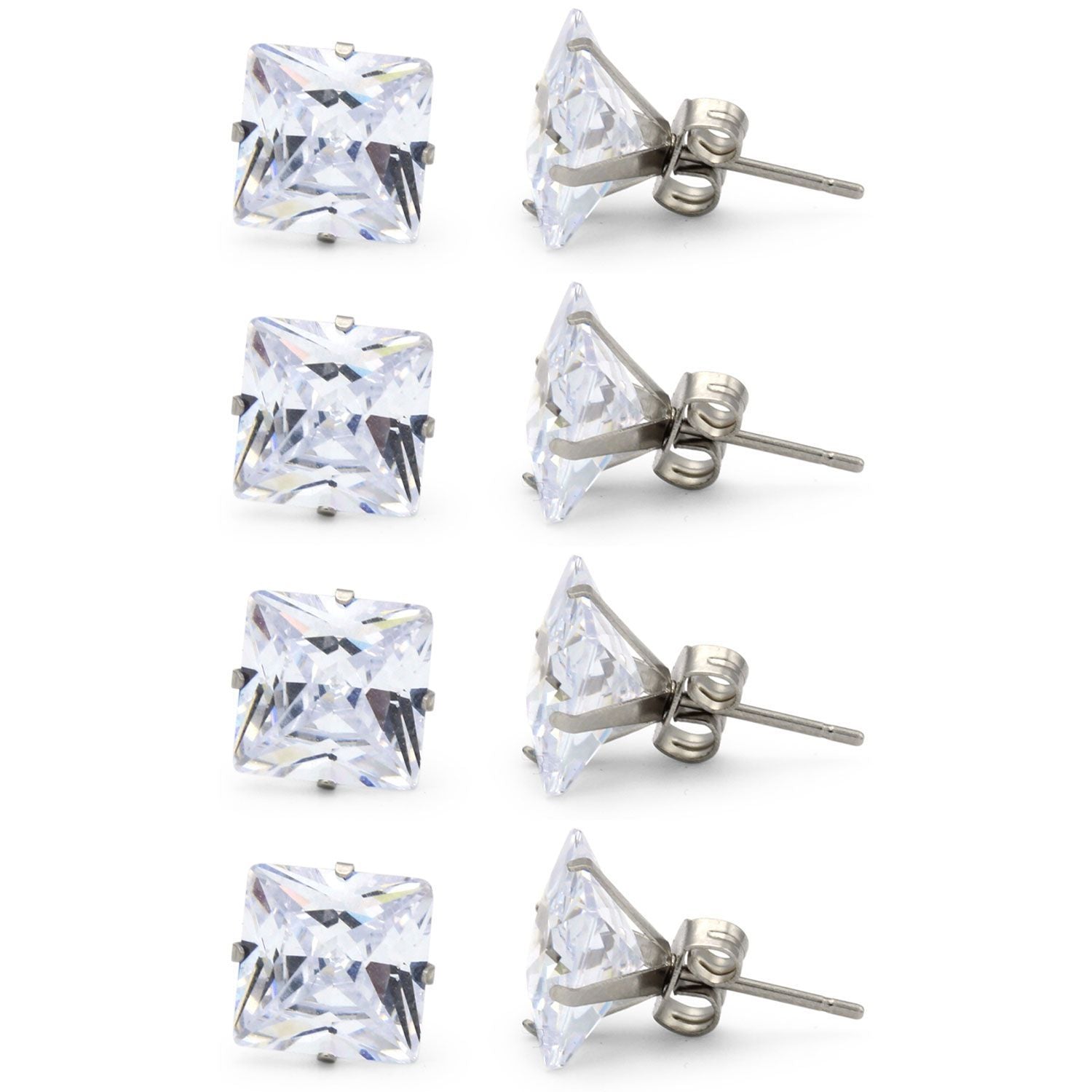 Cubic Zirconia Square Silver Stud Earrings Set Of 4 Stainless Steel Jewelry Men Women