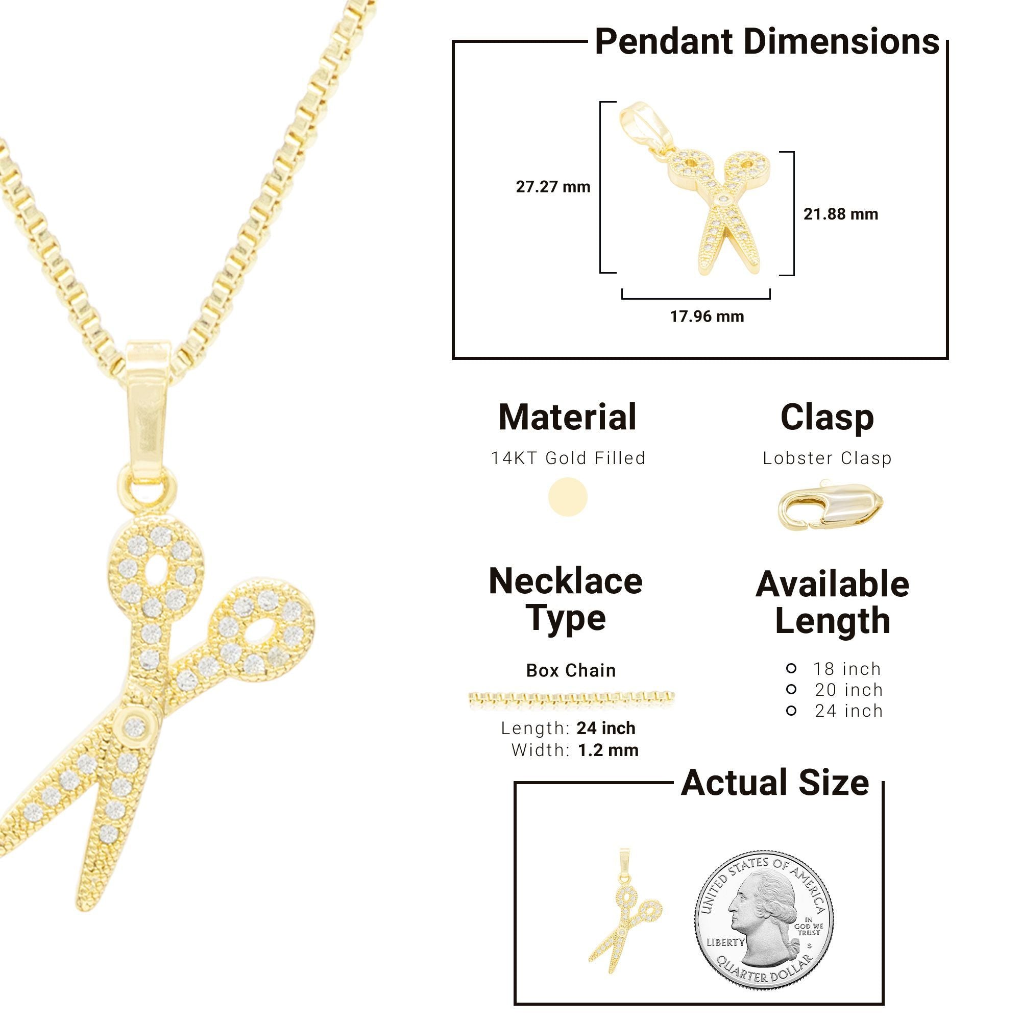 Cubic Zirconia Scissors Pendant 14K Gold Filled Necklace Set