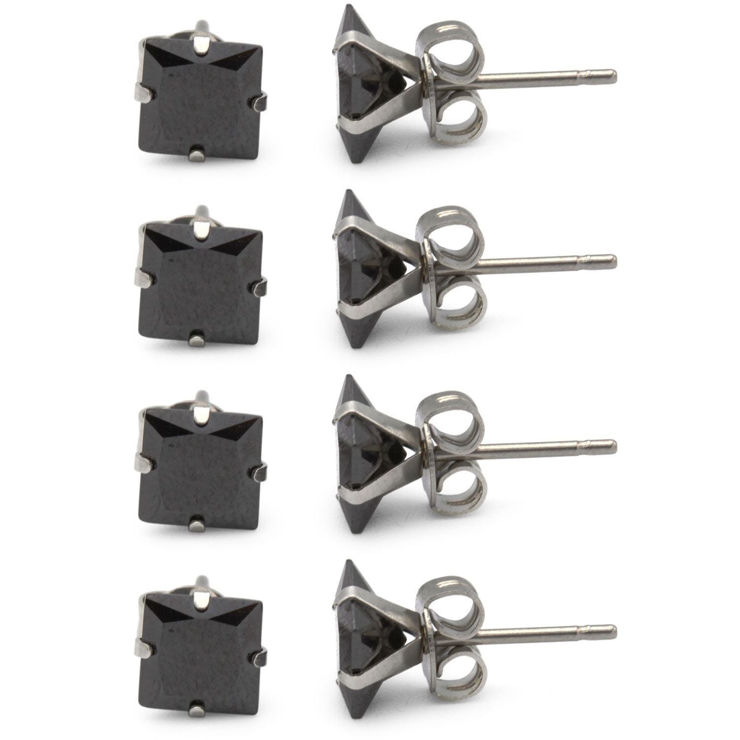 Cubic Zirconia Square Black Stud Earrings Set Of 4 Stainless Steel Jewelry Men Women