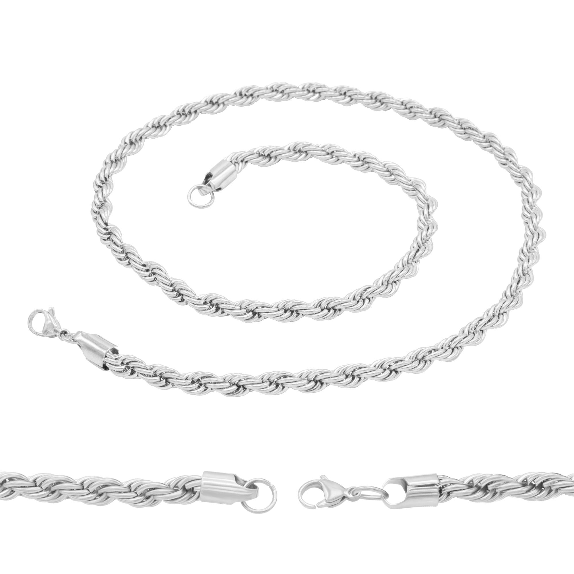 Silver Rope Chain Twisted Link Necklace for Men 18" 20" 24" 30" Length | 2 mm - 7 mm Width