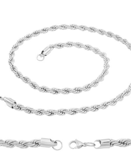 Silver Rope Chain Twisted Link Necklace for Men 18" 20" 24" 30" Length | 2 mm - 7 mm Width
