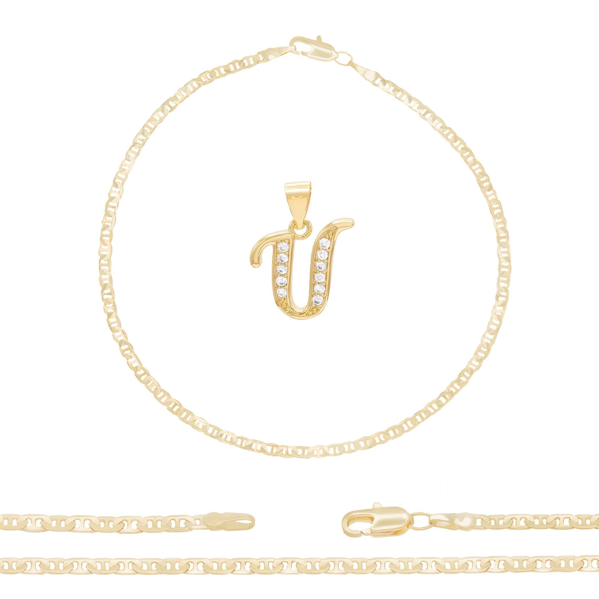 Beberlini A-Z Initial Letter Pendant 14K Gold Filled Cubic Zirconia Mariner Chain Anklet 10 Set CZ Charm Foot Bracelet 3.2 mm Female Women Girl U