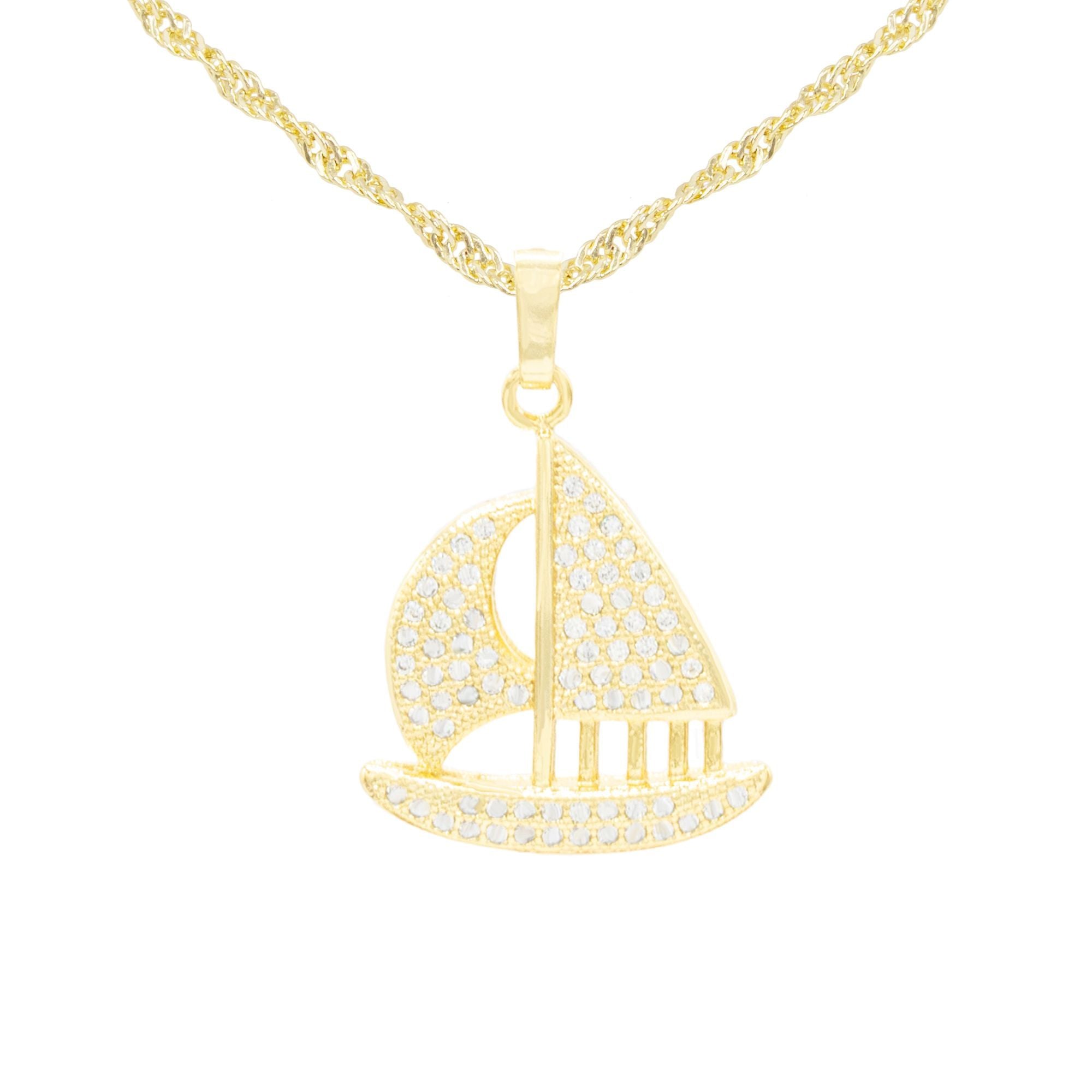 Cubic Zirconia Sail Boat Pendant 14K Gold Filled Necklace Set